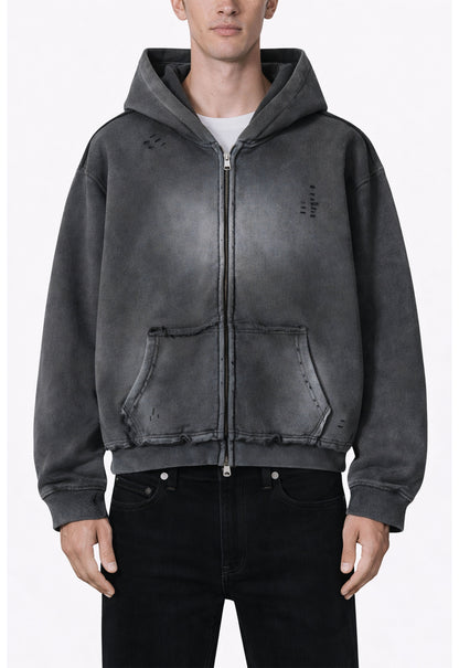 CHARCOAL DISTRESSED ZIP HOODIE